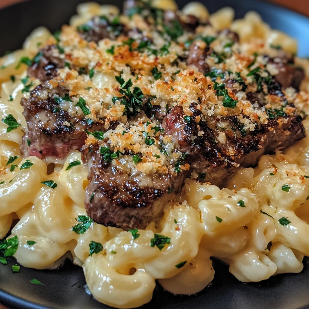 Garlic Butter Steak Mac Cheese