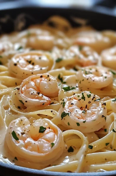 One pan shrimp fettuccine alfredo