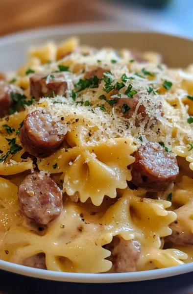 Cheesy smoked sausage bowtie pasta